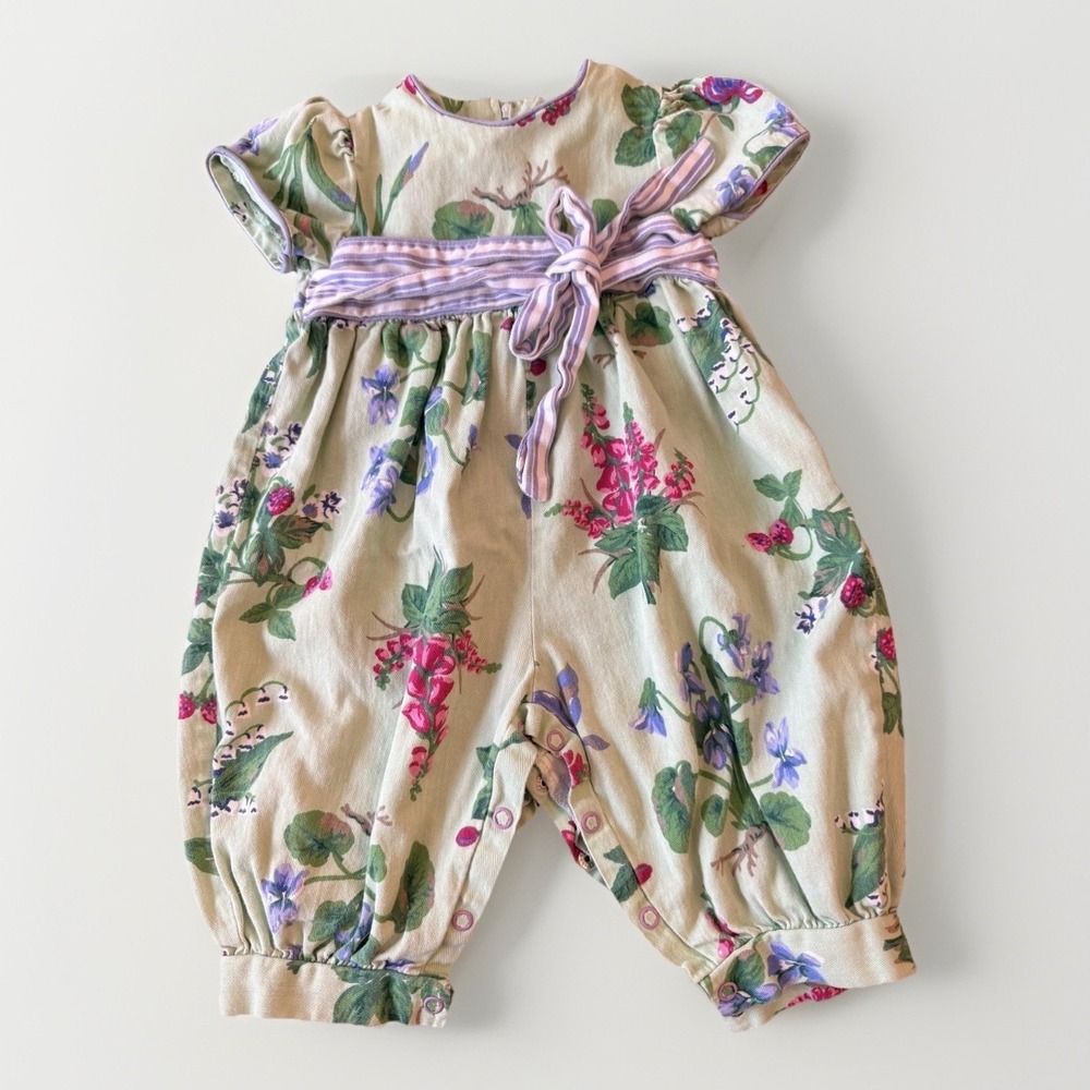 Hartstrings Baby Coverall Romper Girls 12 Months Green Floral Bow Made In USA
